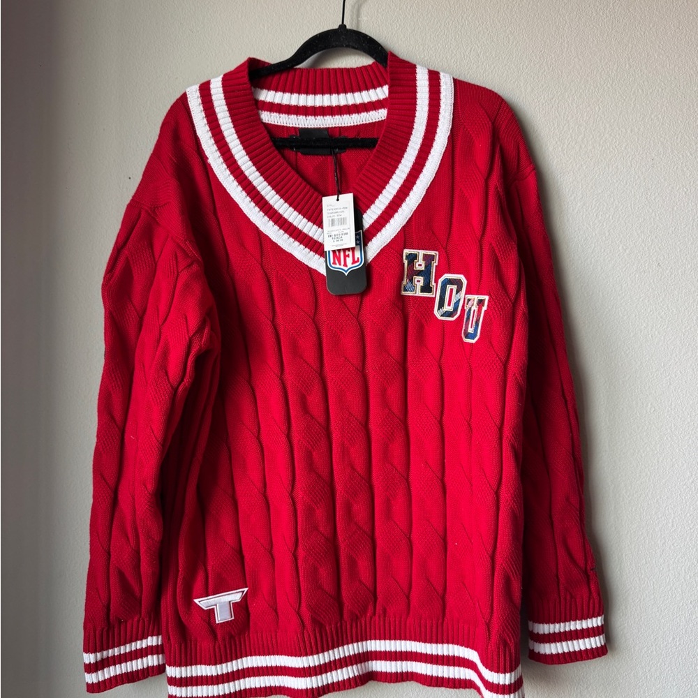 Houston Texans Red V-Neck Cable Knit Sweater